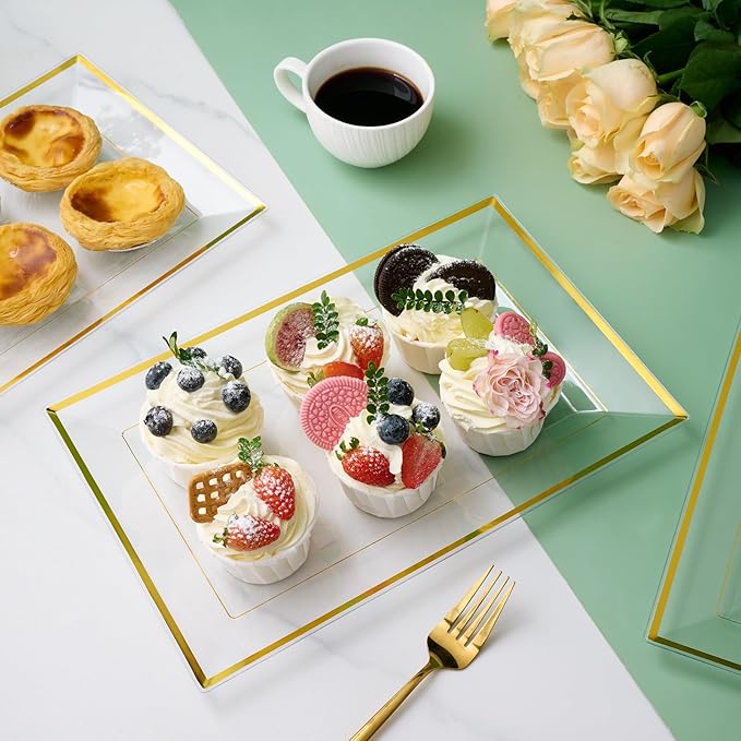 FOCUSLINE 8 PCS Plastic Serving Trays for Party, Clear and Gold Rim Serving Platters and Trays, Premium Plastic Fruit Tray, Disposable Platters for Cupcake, Dessert, Appetizers