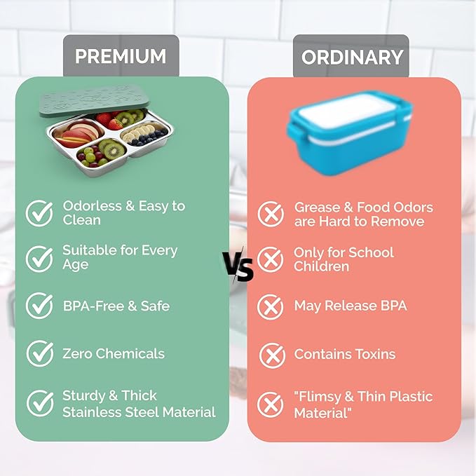 Stainless Steel Lunch Box for Kids 5 and Older – 3 Pieces Stainless Steel Bento Box with 4 Compartments & 2 Snack Containers – Leak Proof, BPA-Free, Eco-Friendly, Dishwasher Safe & Durable – Green
