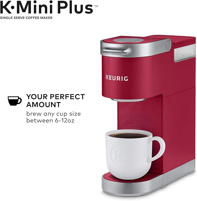 Keurig K-Mini Plus Maker Single Serve K-Cup Pod Coffee Brewer, Comes with 6 to 12 Oz. Brew Size, Storage, and Travel Mug Friendly, Cardinal Red (Renewed)