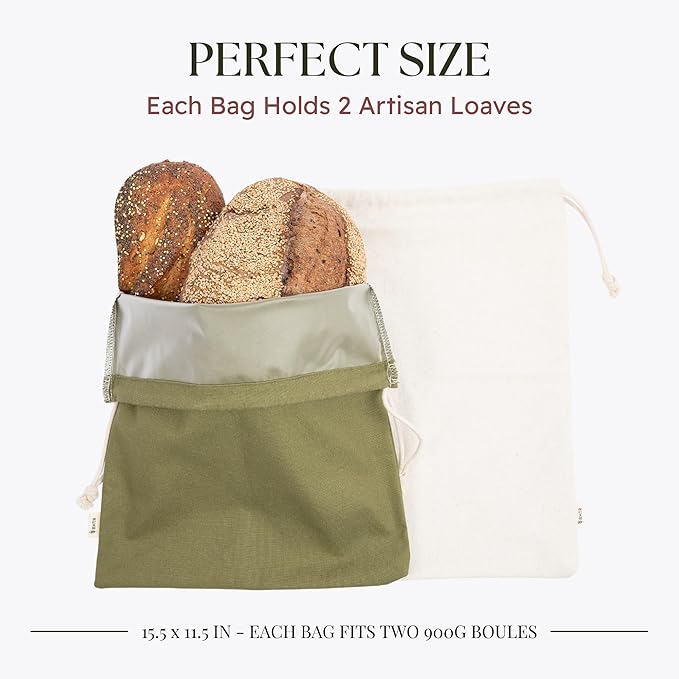 Sourdough Bread Bags for Homemade Bread, 2 Pack, Reusable Cotton Linen, Machine Washable, Freezer Safe - BPA-Free TPU Liner, Fits 2 Loaves Each, Beeswax Wrap Alternative, Drawstring Closure