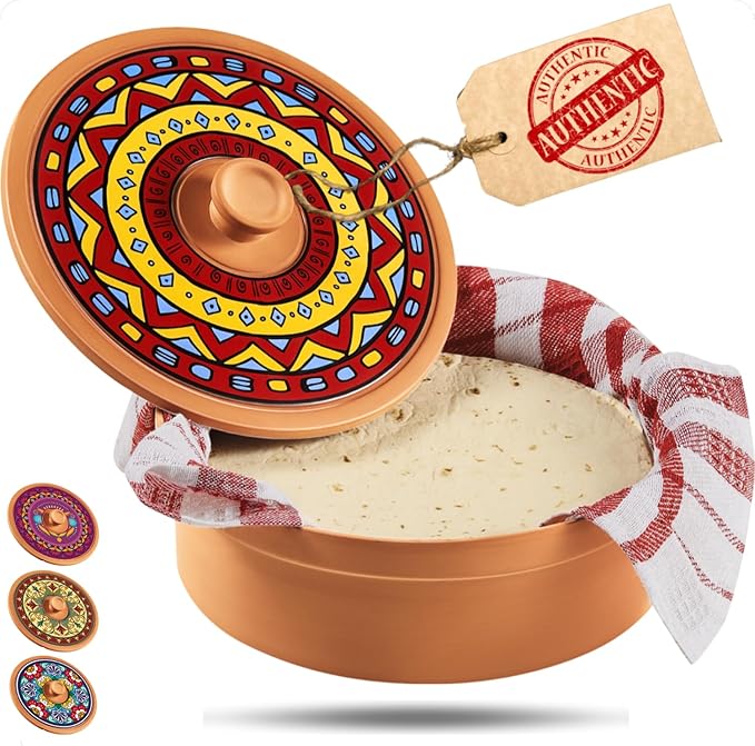 Mexican Terracotta Tortilla Warmer for Thanksgiving | Authentic Terra Cotta Tortilla Holder with Warmer Cloth | Natural Clay Tortillero Keeps 8" Tortillas Warm | Bread Warmer for Fall Dinner Party