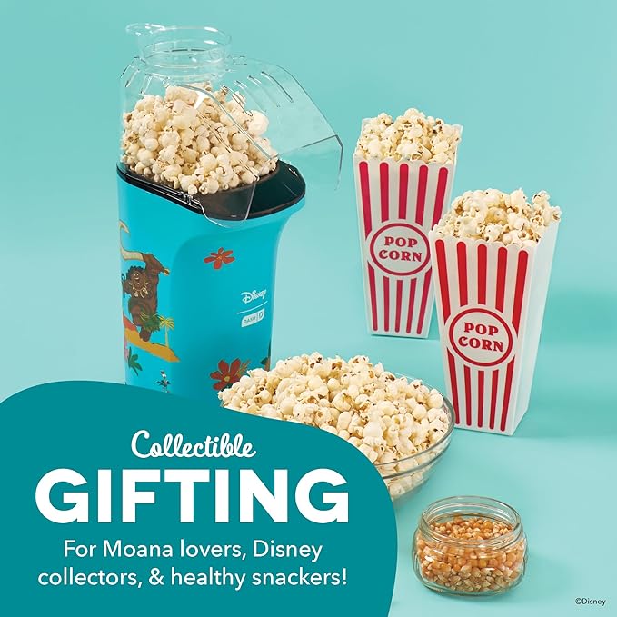 Disney Dash Fresh Pop Popcorn Maker - Oil-Free, Air Popcorn Popper - With Measuring Cup & Recipe Guide - Perfect for Movie Nights - 16 Cups, Moana