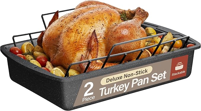 BAKKEN Nonstick Turkey Roasting Pan with Rack – Large Heavy-Duty Carbon Steel Roaster with Wide Handles, Ideal for Roasting, Baking & Grilling, Oven Safe up to 450°F, Gray Marble Finish 17 x 13-Inch