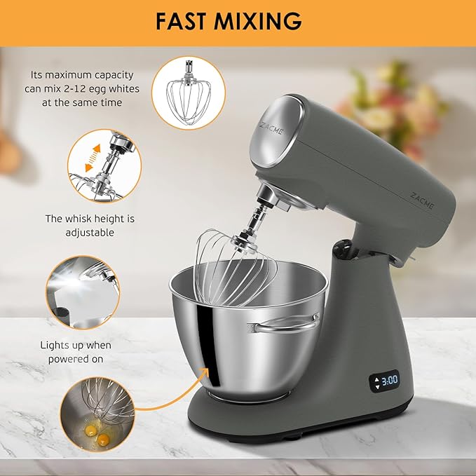 Mixers Kitchen Electric Stand Mixer 5.5QT 600W, Aluminum die casting and Gears, Dual Cooling System, Low Noise, DC Motor, LED Display and Timing Function, Tilt-head Metal Food Mixer, Grey