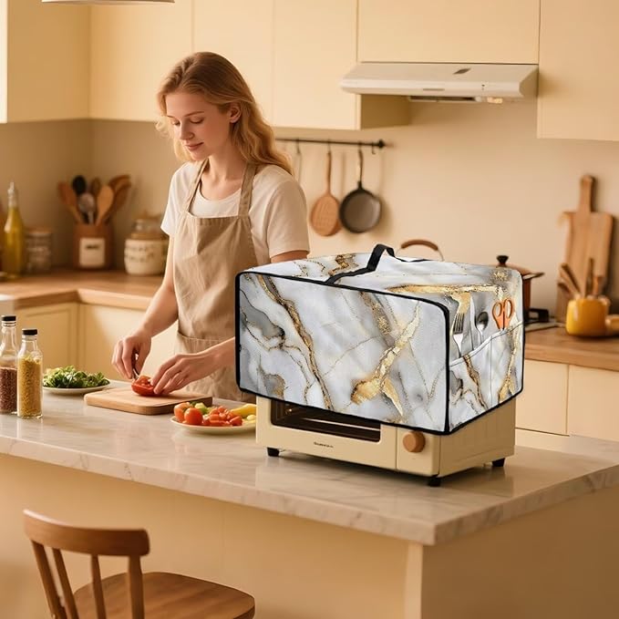 Toaster Oven Dust Cover with Storage Pockets, Protective Decorative Smart Oven Cover for for Kitchen Countertop, S, 14.5 x 18.5 x 9 Inches, White Gold Gray Marble