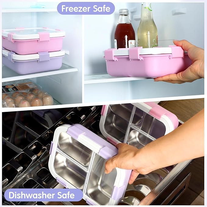 LemonRoad 2 Pcs 304 Stainless Steel Bento Box 24 oz Metal Lunch Box with Spoon Fork 3 Compartment Transparent Lid Dishwasher Safe Leakproof Food Fruit Snack Container for Office Travel (Pastel)