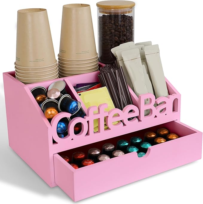 Coffee Bar Organizer for Countertop – Wooden Coffee Station, Tea and K Cup, Condiment Storage Rack, Coffee Pod Holder for Home and Office Counter Organization (Drawer - Pink)