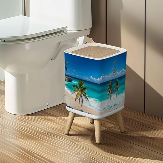 Small Trash Can with Lid Drone Photo Bottom Bay Barbados Wastebasket with Press Cover Dog Proof Garbage Can Waste Bin for Kitchen Bathroom Nursery 2.6 Gallon