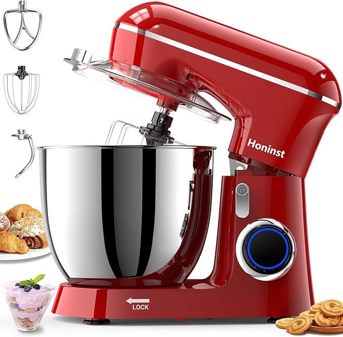 Honinst Stand Mixer, 6.5QT 10-Speed Tilt-Head Electric Stand Mixer, 3-In-1 Kitchen Mixer with Bowl, Dough Hook, Whisk and Beater, Food Mixer for Baking, Cake and Most Home Cooks, Red