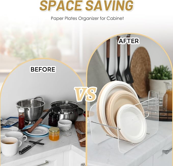 Paper Plate Dispenser, 7-12 Inch Disposable Plates Storage Organizer, Round Square Plastic Foam Paper Plate Acrylic Organizer for Cabinet, Countertop, RV or Outdoor Use (2)