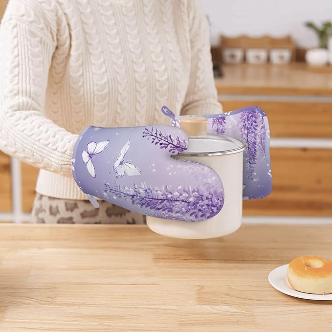 Oven Mitts and Pot Holders Lavender Butterfly Light Purple Flower Silicone Kitchen Accessories Set of 4 Heat Resistant Long Gloves Potholder Non-Slip Grip for Chef Cooking Baking Grilling BBQ