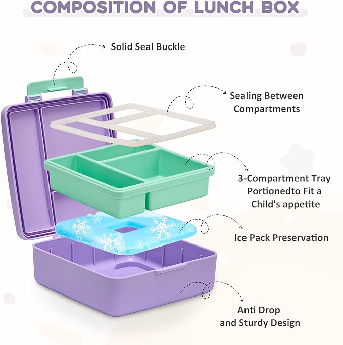 Pawtong Lunch Box Set with Bento Box Container, 17OZ Stainless Steel Food Soup Thermo, Kids Water Bottle & Portable Insulated Lunch Bag, Leakproof, Hot/Cold Retention for School, Travel (Purple-Horse)