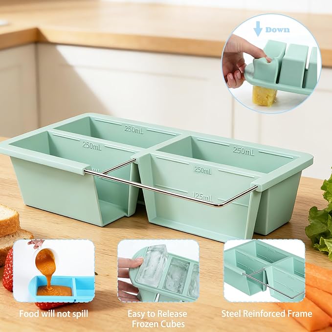 4 Pack Silicone Freezer Trays with Lid, 1/5, 1/2, 1, and 2 Cup Soup Freezer Molds Set Stainless Steel Frame Ice Cube Tray for Meal Prep Freezing Soup Stews Sauces Oven Microwave Safe(Multi)