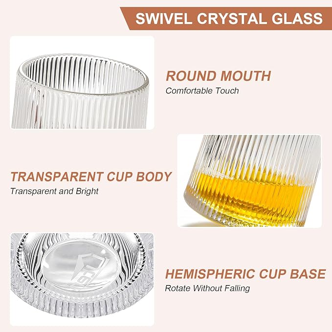 Rotatable Old Fashioned Glass Cup, 10oz/275ml Crystal Whiskey Glass, Wood Coaster, Thickening, Used as Rum Glass, Cocktail Cup, Coffee, Milk to Relax and Reduce Stress, Ideal Gift, Christmas gifts