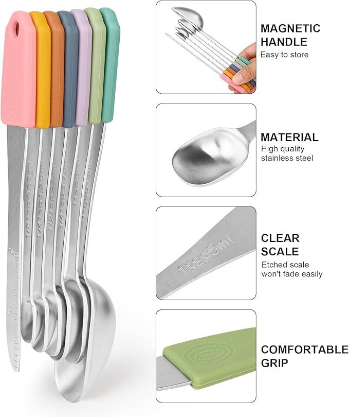 Magnetic Measuring Cups & Spoons Set 14, Heavy Duty Stainless Steel Measuring Cups and Spoons Set for Baking & Cooking, BPA Free, Round Measuring Set with Leveler, Color