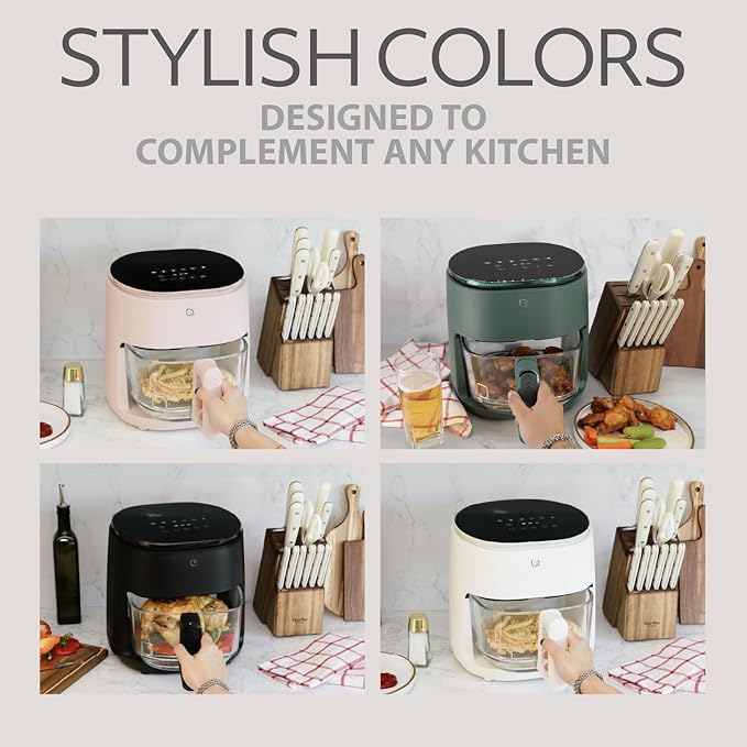 WILLOW Eco Series 6 in 1 Air Fryer with Glass Basket, 5 Quart Non Toxic Glass Air Fryer w Digital Display, 430°F Max Temp, Preheat & Keep Warm Function, Compact + Dishwasher Safe Airfryer -BLACK