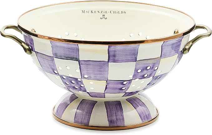 MACKENZIE-CHILDS Enamel Colander, Decorative Kitchen Strainer, Large, Purple-and-White Violet Check