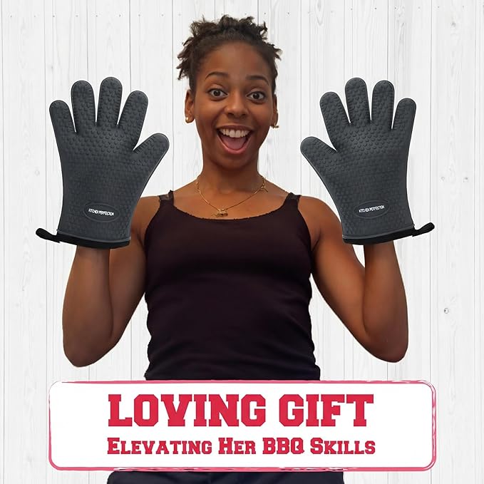 KITCHEN PERFECTION S Silicone Smoker Oven Gloves for Women -Extreme Heat Resistant BBQ Gloves -Handle Hot Food Right on Your Grill Fryer |Waterproof Oven Mitts for Cooking |Superior Set+3 Bonuses