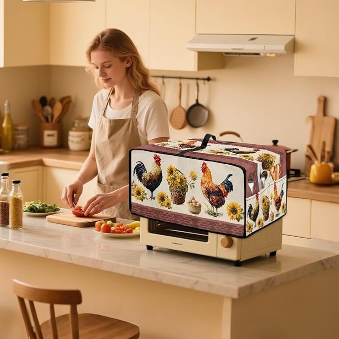 Air Fryer Toaster Oven Dust Cover Washable Convection Oven Cover Farmhouse Kitchen Appliance Protector Decorations Countertop Accessories, M, Rooster Chicken Eggs Sunflower