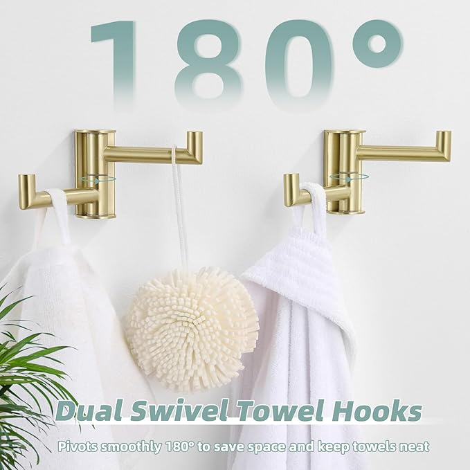 APLusee 2-Pack Brushed Gold Swivel Double Towel Hooks, 304 Stainless Steel Wall Hooks with 2 Arms, Space-Saving Towel Hangers for Bathroom Kitchen RV
