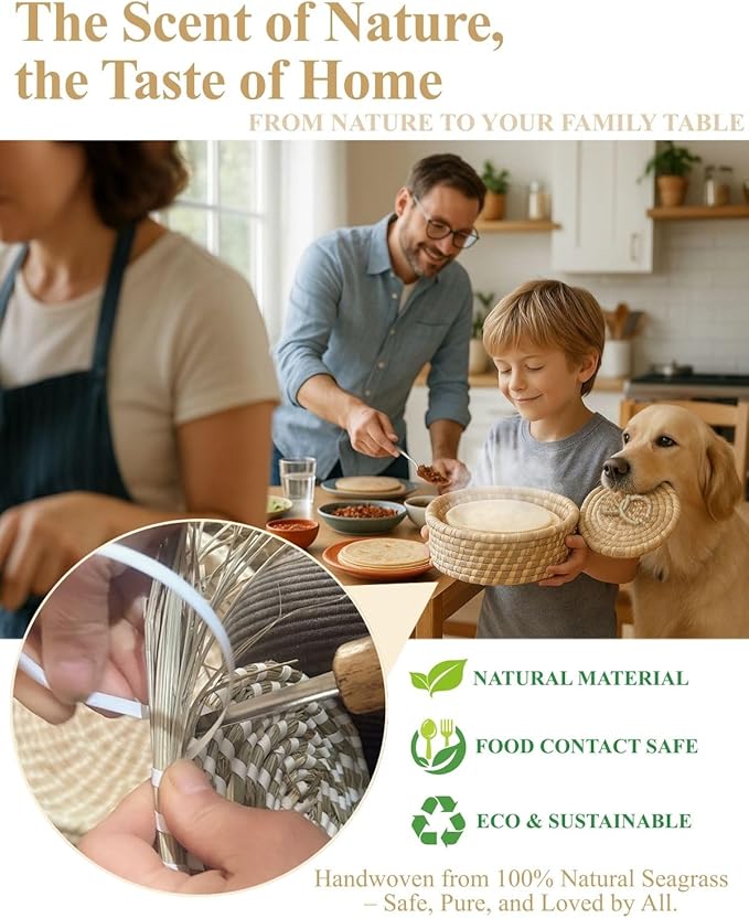 Handwoven Seagrass Tortilla Warmer Basket with Lid, 9.6" Breathable Natural Tortilla Holder with 2 Washable Cotton Liners, Boho Farmhouse Style Server for Tortillas, Roti, Pancake & Flatbread