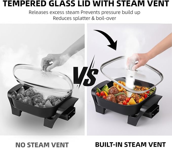 8" Electric Skillet with PFAS-Free Non-Stick Ceramic Coating, Removable Electric Frying Pan with Adjustable Temperature, Reversible Design, Tempered Glass Lid, Black