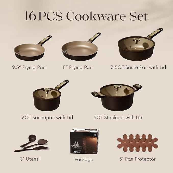 CAROTE Pots and Pans Set Nonstick, 16pcs Cookware Set Nonstick Non-Toxic & PFOA&PFOS-Free, Dishwasher, RV/Camping Cookware Set, Cooking Pots with Lids, Brown