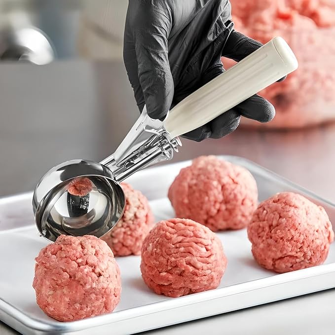 3-Pack Portion Disher Scoop Set | Round Stainless Steel Multipurpose Kitchen Scoops for Cookie Dough, Ice Cream, Baking, Batter, Meatballs, Rice, and Melon Balls (0.88-2-3.25 oz (#40-#20-#10))