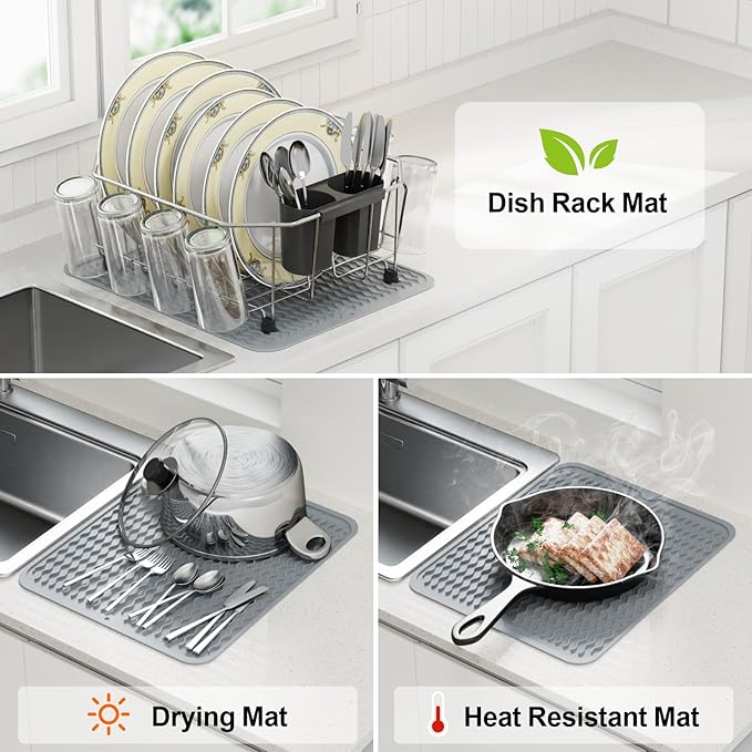 GSlife Small in Sink Dish Drying Rack - Stainless Steel Compact Dish Drainer with Silicone Drying Mat for RV Kitchen Apartment Sink, Silver