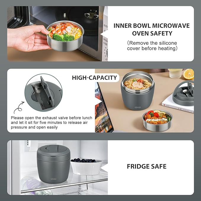 wiwens Thermo Food Jar for Hot Food Adults 32OZ Soup Thermo Lunch Containers Wide Mouth Vacuum Insulated Stainless Steel Leakproof Bento Box with Spoon (Grey)