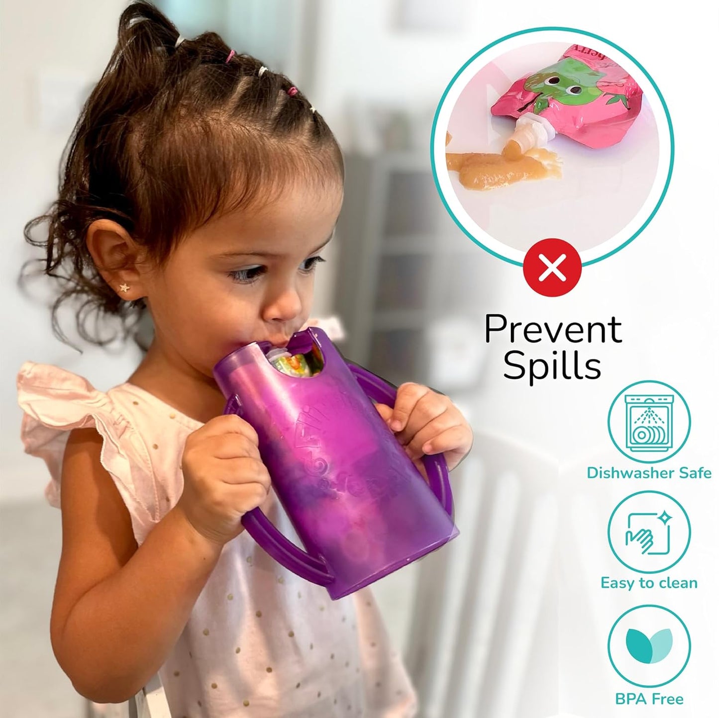Squeeze Proof Food Pouch Holder for Toddlers, Babies, Kids, Mess Free No Squeeze Juice Box Drink Holder with Easy Grip Handles and Lid - Made in USA (Blue 3 Pack)