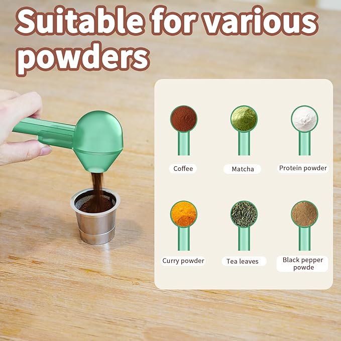 Coffee Scoop with Funnel for Ground Coffee, Protein Powder & Tea, for Reusable K Cup Refiller, 2TBSP Mess-Free, Funnel Design Prevents Spills (Translucent Green, 2-Pack)