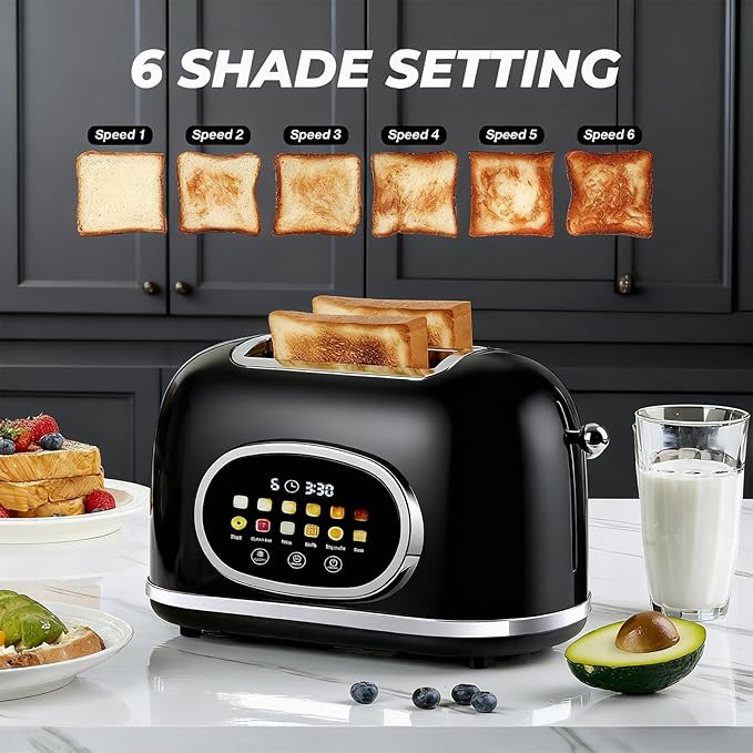 Roter Mond 2 Slice Toaster Smart Touch Screen, Retro Stainless Steel Bread Toaster with Digital Timer, Sleep Mode, Bagel, Cancel, and Defrost Functions, 6 Bread Types and Shade Settings, Black