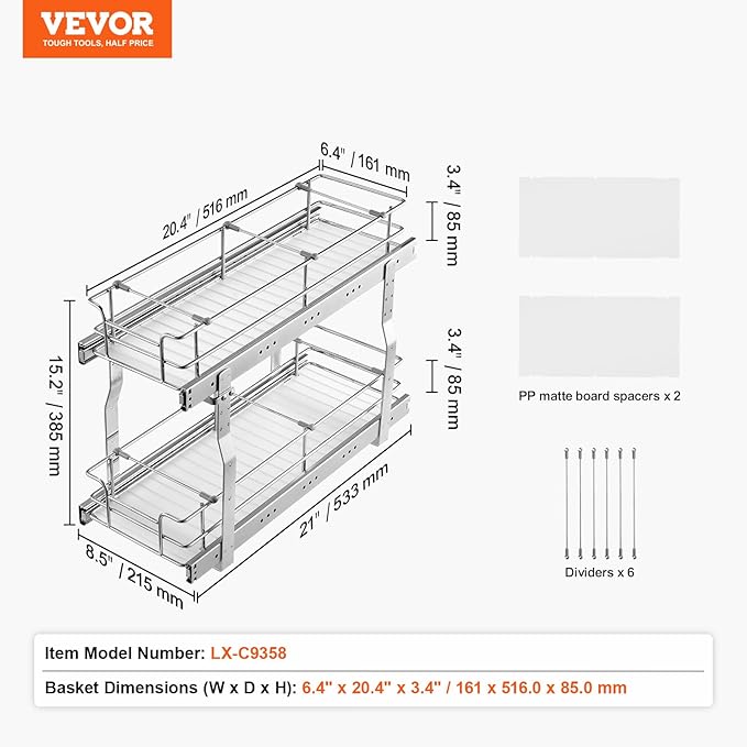 VEVOR Pull Out Cabinet Organizer,8.5" W x 21" D x15.2 HHeavy Duty Slide Out Pantry Shelves, Chrome-Plated Steel Roll Out Drawers for Home, 10" Wx22 Dx19 H Inside Kitchen Cabinet, Bathroom, Under Sink