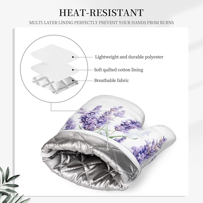 Oven Mitts and Pot Holders Lavender Watercolor Flower Floral Silicone Kitchen Accessories Set of 4 Heat Resistant Long Gloves Potholder Non-Slip Grip for Chef Cooking Baking Grilling BBQ