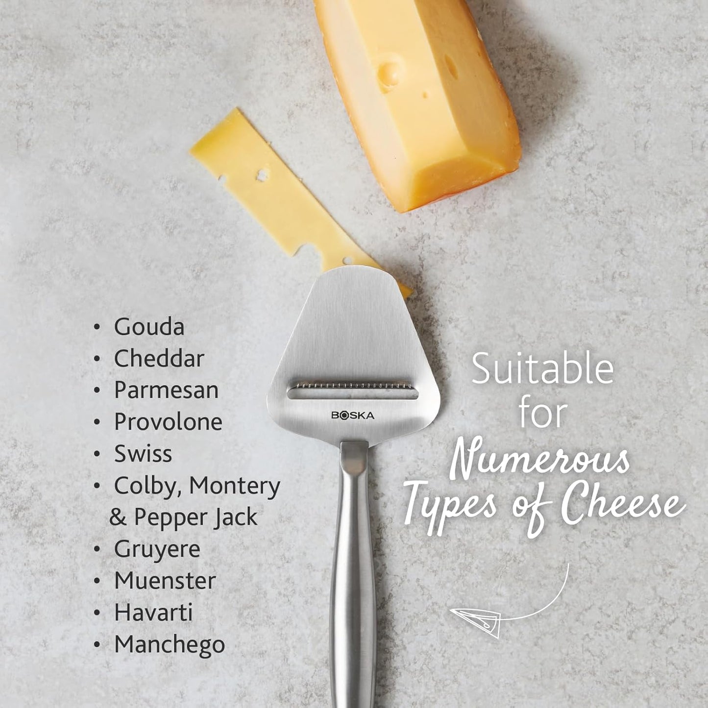 Boska Stainless Steel Cheese Slicer - Copenhagen For All Types of Cheese - Multi-Functional Cheese Slicer - Handheld Slicer - Silver Non-Stick - Dishwasher Safe - For Kitchen Cooking
