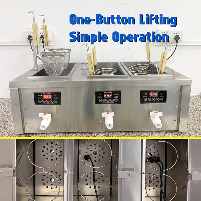 Auto-lift Commercial Pasta Cooker with Timer, Noodle Cooking Machine with 3 Drainage,Macaroni Vegetable Dumpling Cooker,Boiler For Spaghetti Ramen,Temperature Adjustable (6 holes)