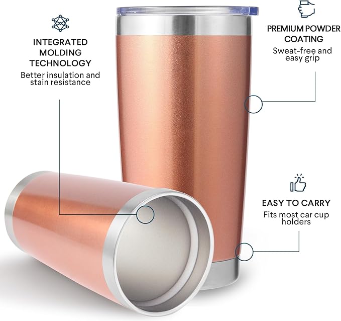 Volhoply 20oz Stainless Steel Tumbler with Lid and Straw Bulk 8 Pack,Double Wall Insulated Travel Ice Coffee Mug Fits Cup Holder,Powder Coated Cups for Hot/Cold Drinks,Christmas Gifts（Rose Gold,8 Set）
