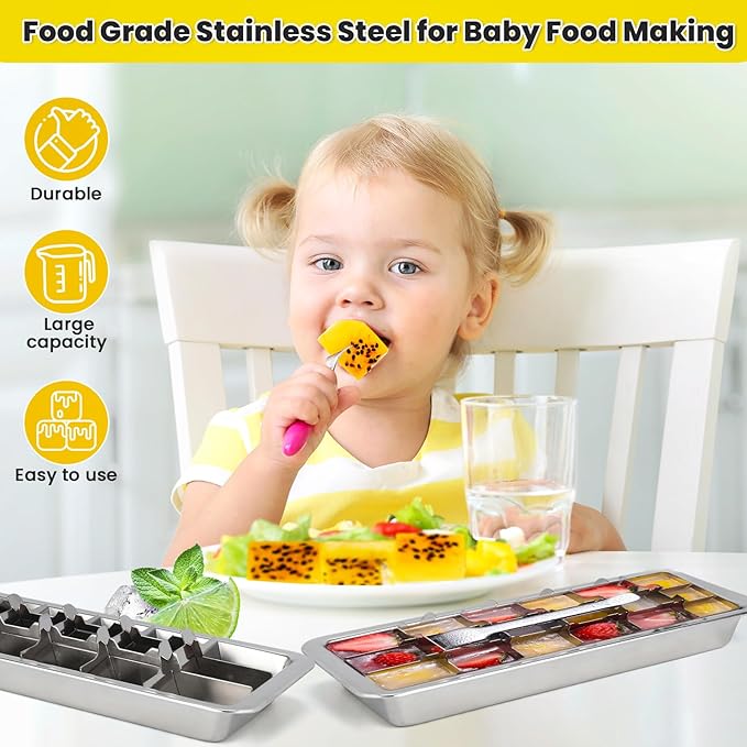 Stainless Steel Ice Cube Trays and Bucket, Metal Ice Cube Mold Trays for Freezer, Vintage Design with Release Lever Remove Handle for Making Large Cubes Kitchen Bar (Tweezers & Hammer)