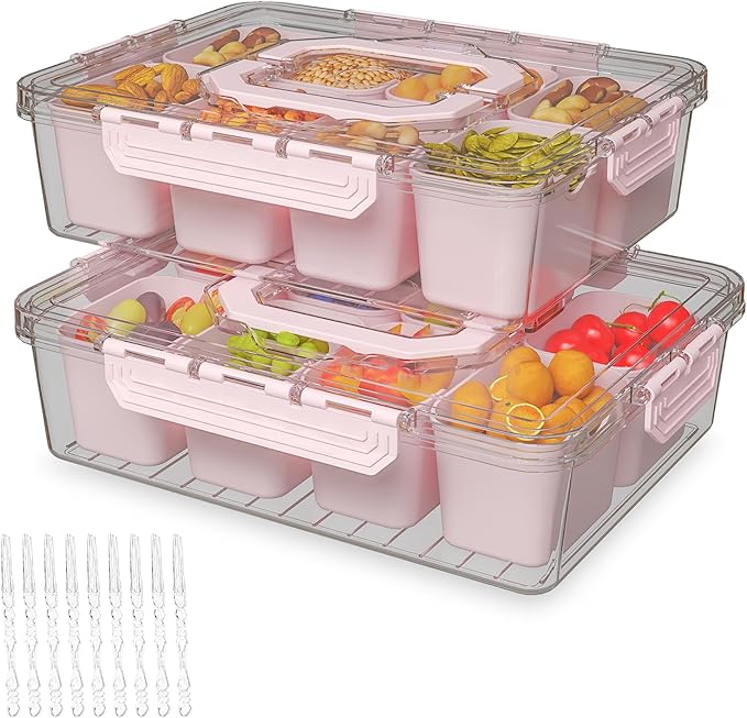 REBECAT Divided Serving Tray with Lid and Handles 8 Compartments Snack Box Container Charcuterie Organizer Snackle Box Container for Candy,Nuts，Fruits,Snacks,2 Pack,Pink