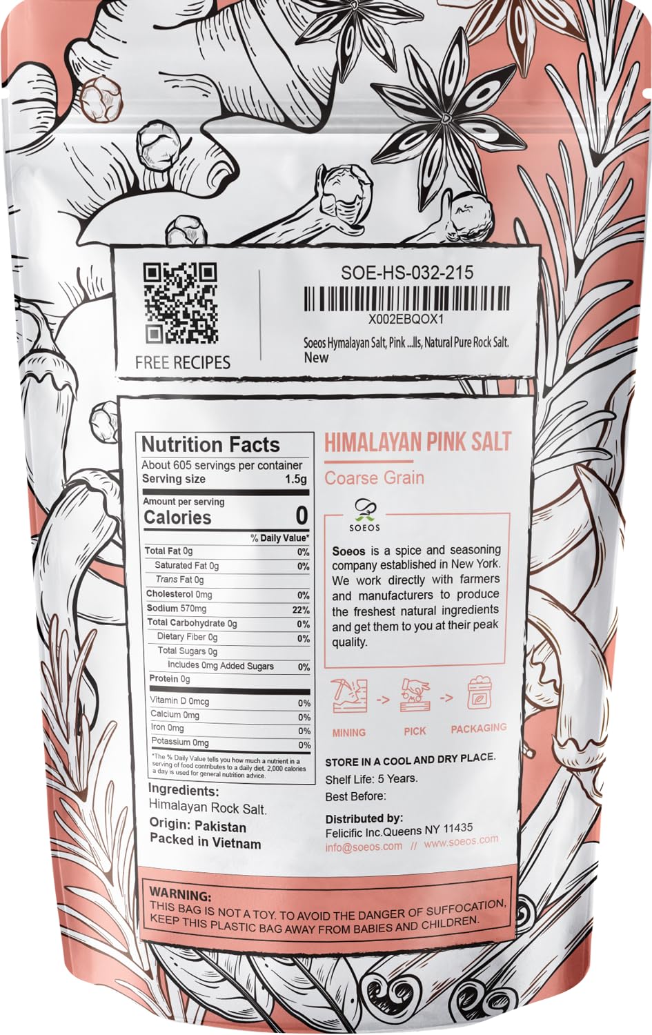 Soeos Himalayan Pink Salt, Coarse Grain, 2 Pound (32 Oz), Pink Himalayan Sea Salt, Himalayan Salt Coarse Salt, Pink Salt for Grinder Refill, Kosher & Natural Certified, Healthy