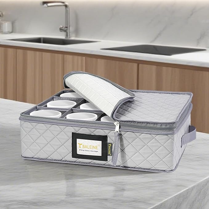 BALEINE China Storage Containers, Sturdy Quilted Wine Glass Storage, Plate Organizer with Carry Handles, Moving Boxes for Dishes, Cups, Mugs and Stemware (Mug Storage, Soft Shell Grey)