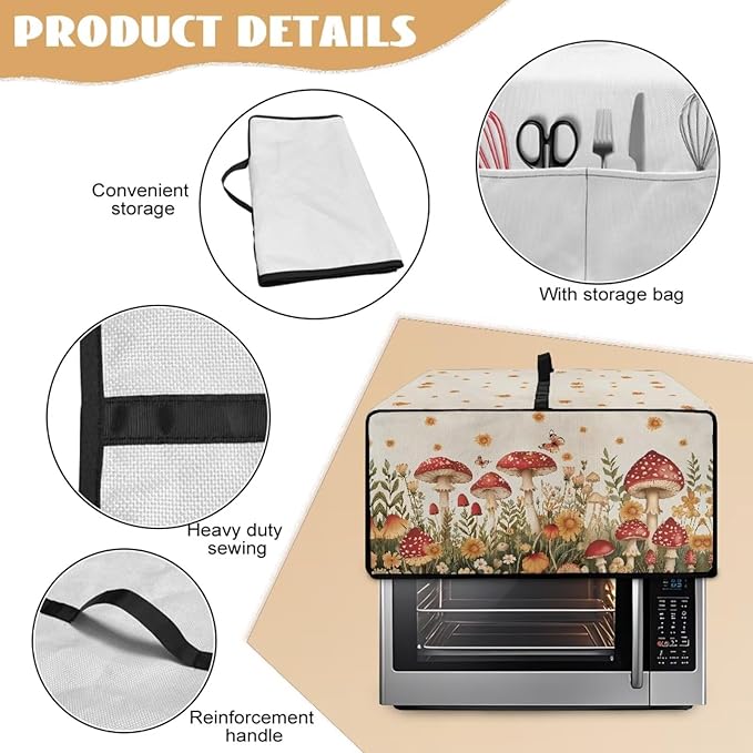 Air Fryer Toaster Oven Cover Fabric Convection Oven Cover with Pockets, Washable Small Appliance Dust Protection for Kitchen Home, M, 16.5 x 20.5 x 10 inches, Mushroom Floral