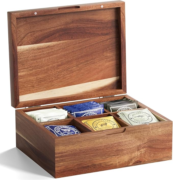 Acacia Wood Tea Bag Organizers, Tea and Sugar Packet Storage Chest with Lid, Wooden Teabag Holder Containers,Storage Box Teabox with 6 Compartments