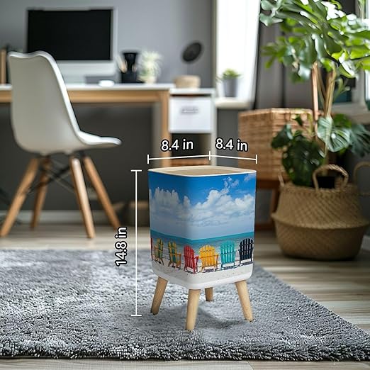 Small Trash Can with Lid Beautiful Color Chairs Beach Wastebasket with Press Cover Dog Proof Garbage Can Waste Bin for Kitchen Bathroom Nursery 2.6 Gallon