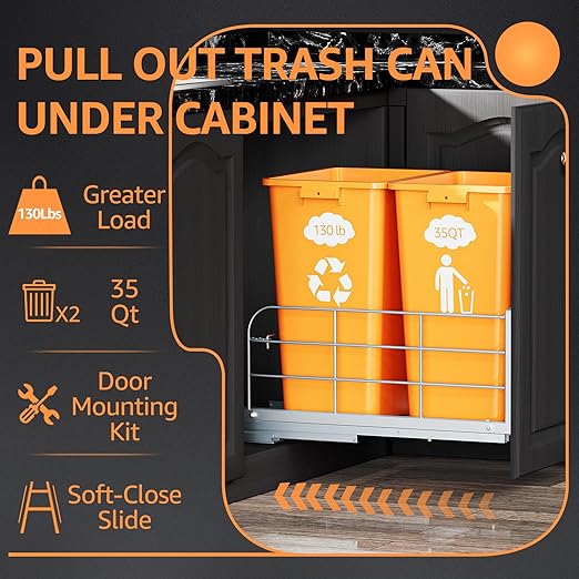Double Pull Out Trash Can Under Cabinet with Soft Close Slides 130LB Heavy Duty Under Sink Trash Bin Kit with Door or Base Mount, Fits 16" W x 23" D Cabinet, Trash Can Not Included