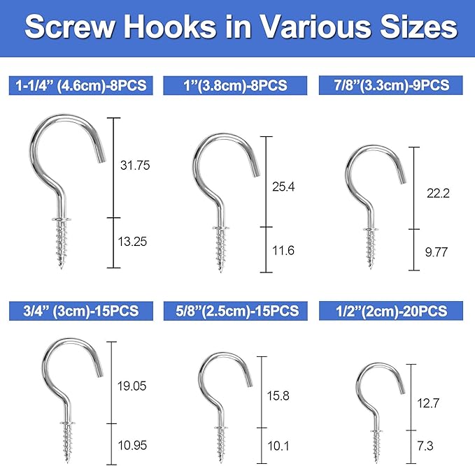 Screw Hooks, 75PCS Sliver Cup Hooks, Small Screw in Hook for Wood, Metal Srew in Hook for Hanging Mug Key and Garden Lights(6 Sizes)