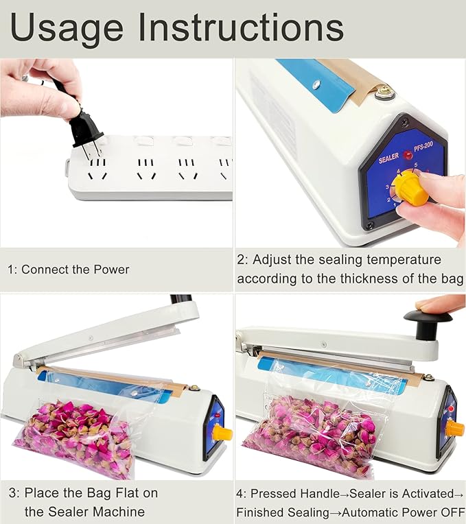 Impulse Sealer 8 Inch 5mm Sealing Heat Sealer for Plastic Bags, Iron Metal Shell, Mylar Bag Sealer, Manual Poly Plastic Bag Hot Seal Machine, 4 Repair Kit(2 Cutting Lines Included)