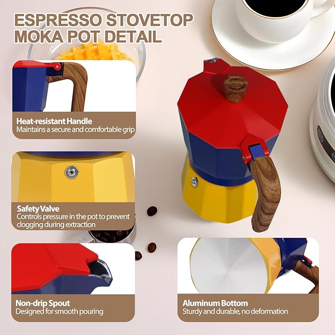 Aluminum 9 Cup 450ml Moka Pot Express Coffee Maker Stovetop Espresso Colorful Coffeemaker Italian Classic Style Brewing Greca Cafe Mocha Machine for Cafeteras Lover Camping Travel and Home Use 15oz
