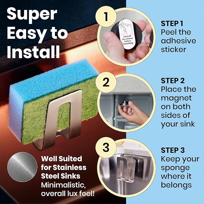 Magnetic Sponge Holder - Kitchen Sink Organizer - Ideal for Kitchen Organization & Accessories - Sink Sponge Holder (Stainless Steel)